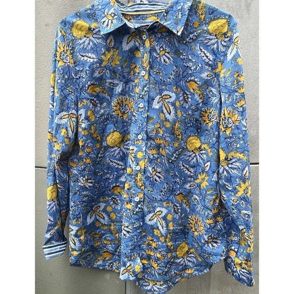 TALBOTS Women’s Sz L Classic Button Shirt Botanical Blue Sunflower Spring